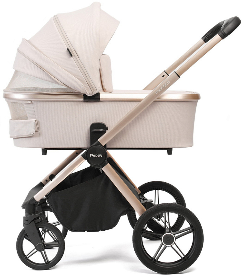 Детская коляска Peppy Monaco 3 в 1 с автокреслом Verona Beige Beige (бежевый), рама беж, шлифованный алюминий