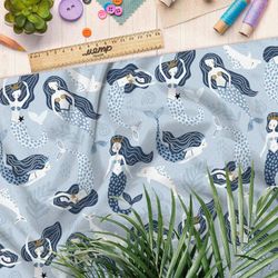 Ткань атлас русалки с дельфинами