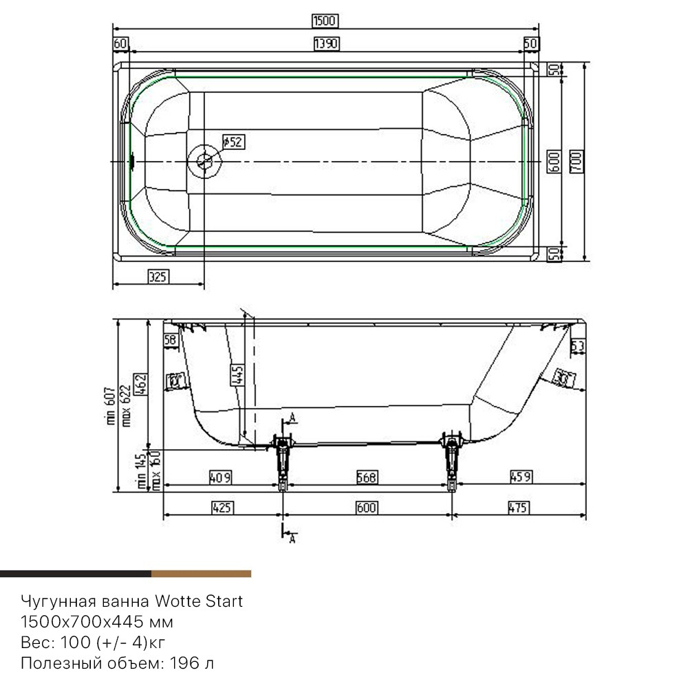 Wotte Start 1500х700х445 ванна чугунная (БП-э0001099)