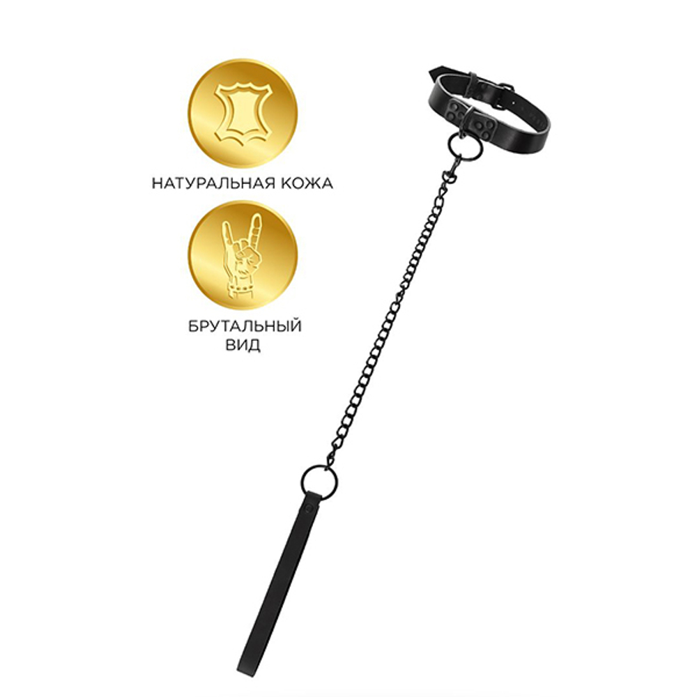 Черный ошейник из кожи с поводком-цепочкой ToyFa Theatre 703005