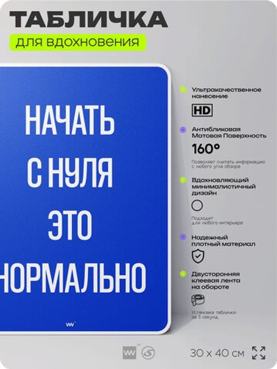 Табличка мотивационная большая "Начать с нуля это нормально", аффирмация, для интерьера, 30х40 см, пластиковая, Айдентика Технолоджи