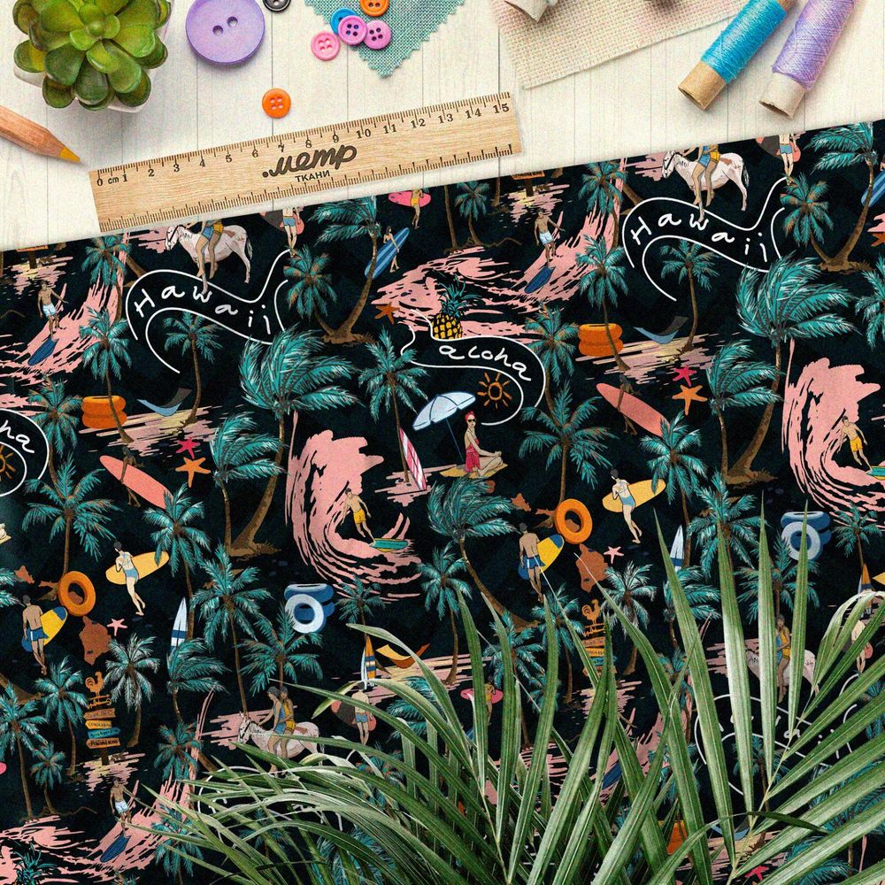 Ткань флис сёрфинг, пальмы и волны на чёрном фоне