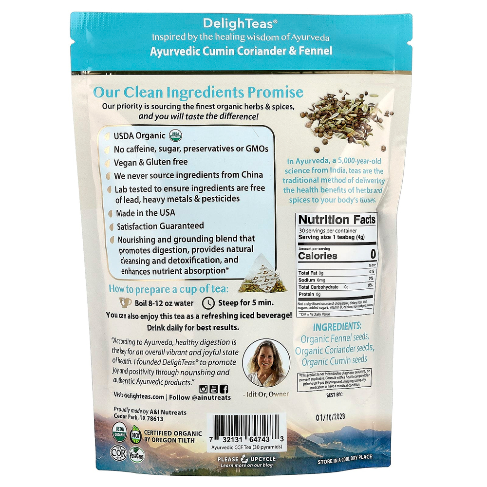 DelighTeas, Ayurvedic Cumin, Coriander & Fennel, травяной чай для выведения токсинов, без кофеина, 30 роскошных чайных пакетиков Pyramid, 120 г (4,2 унции)