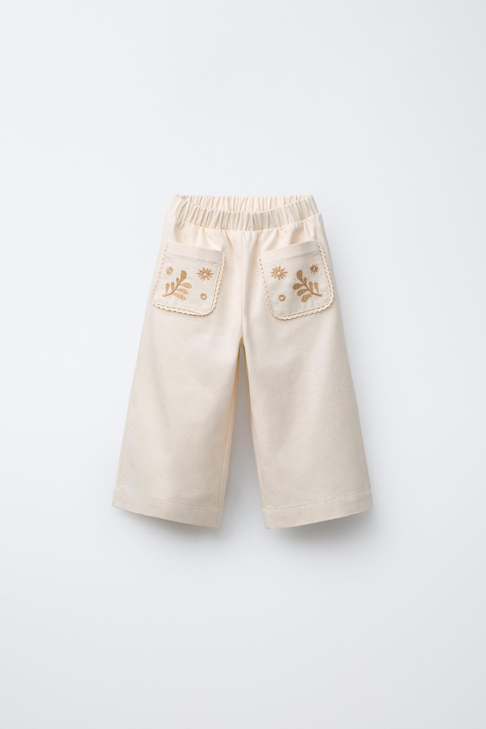 ZARA БРЮКИ С ШИРОКИМИ ШТАНИНАМИ И ВЫШИТЫМ КАРМАНОМ, ЭКРЮ