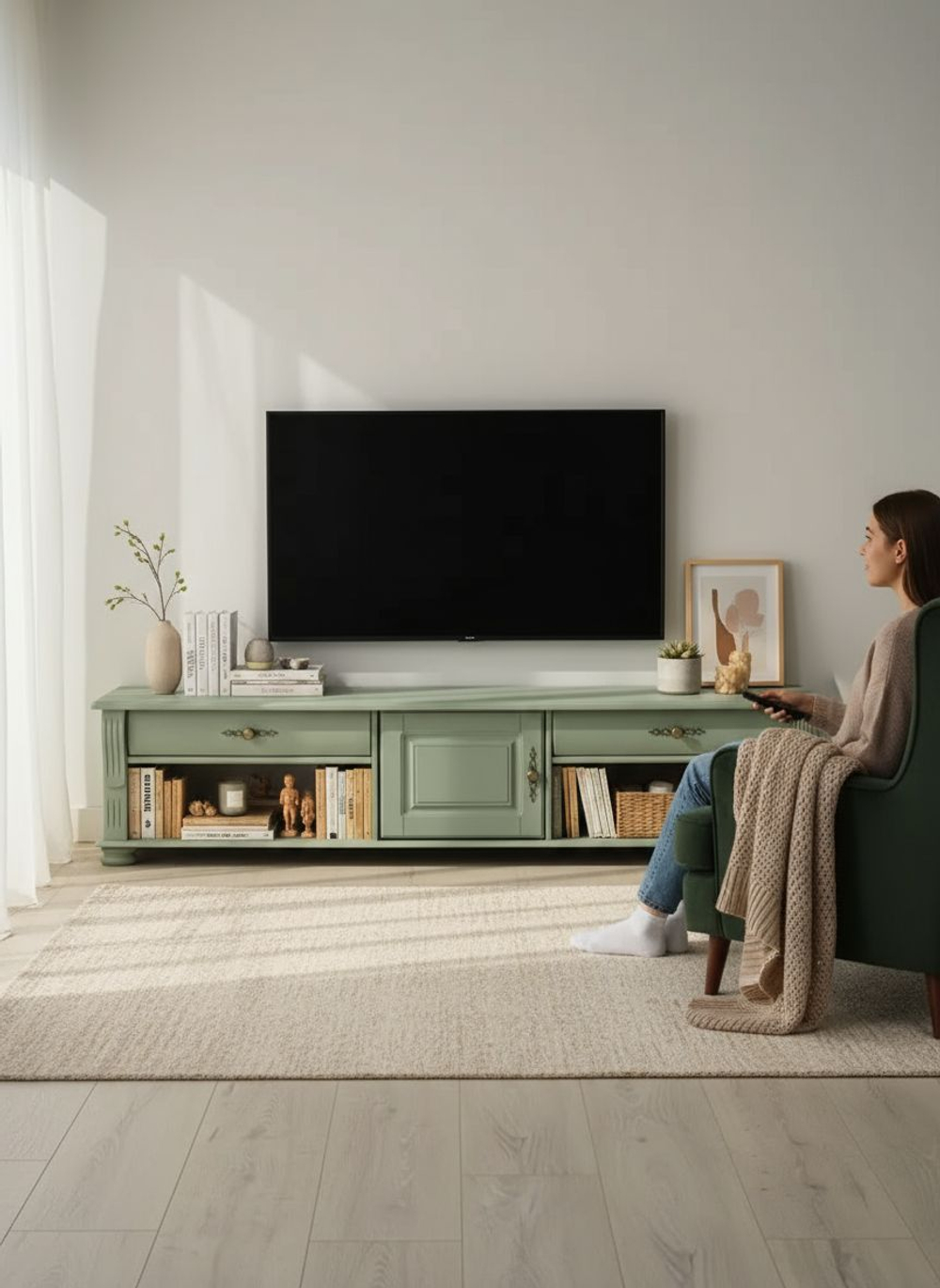 Тумба под телевизор 180х47х40, Susanna, с ящиками и полками, массив сосны, зелёный, Dipriz