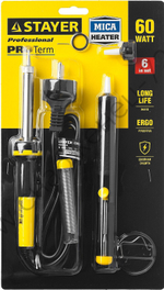 STAYER PROTerm 60Вт с 2К рукояткой, конус, подставка+припой+сменное жало+оловоотсос+сменная насадка, Набор для паяльных работ (55313-60-H6)