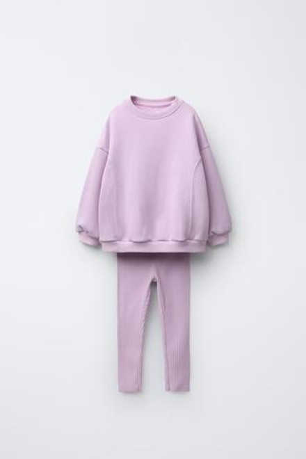ZARA КОМПЛЕКТ С ТОЛСТОВКОЙ С БАНТОМ И ЛЕГИНСАМИ В РУБЧИК, СВЕТЛАЯ МАЛЬВА