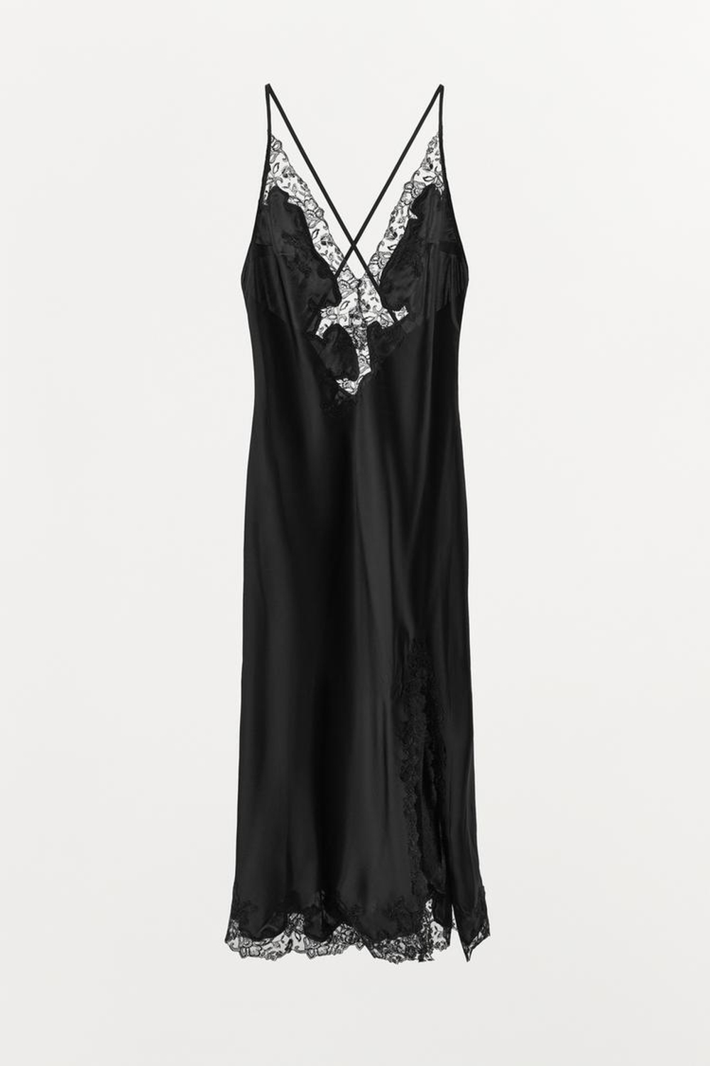 ZARA АТЛАСНОЕ ПЛАТЬЕ С ВЫШИВКОЙ И КРУЖЕВОМ, ЧЕРНЫЙ