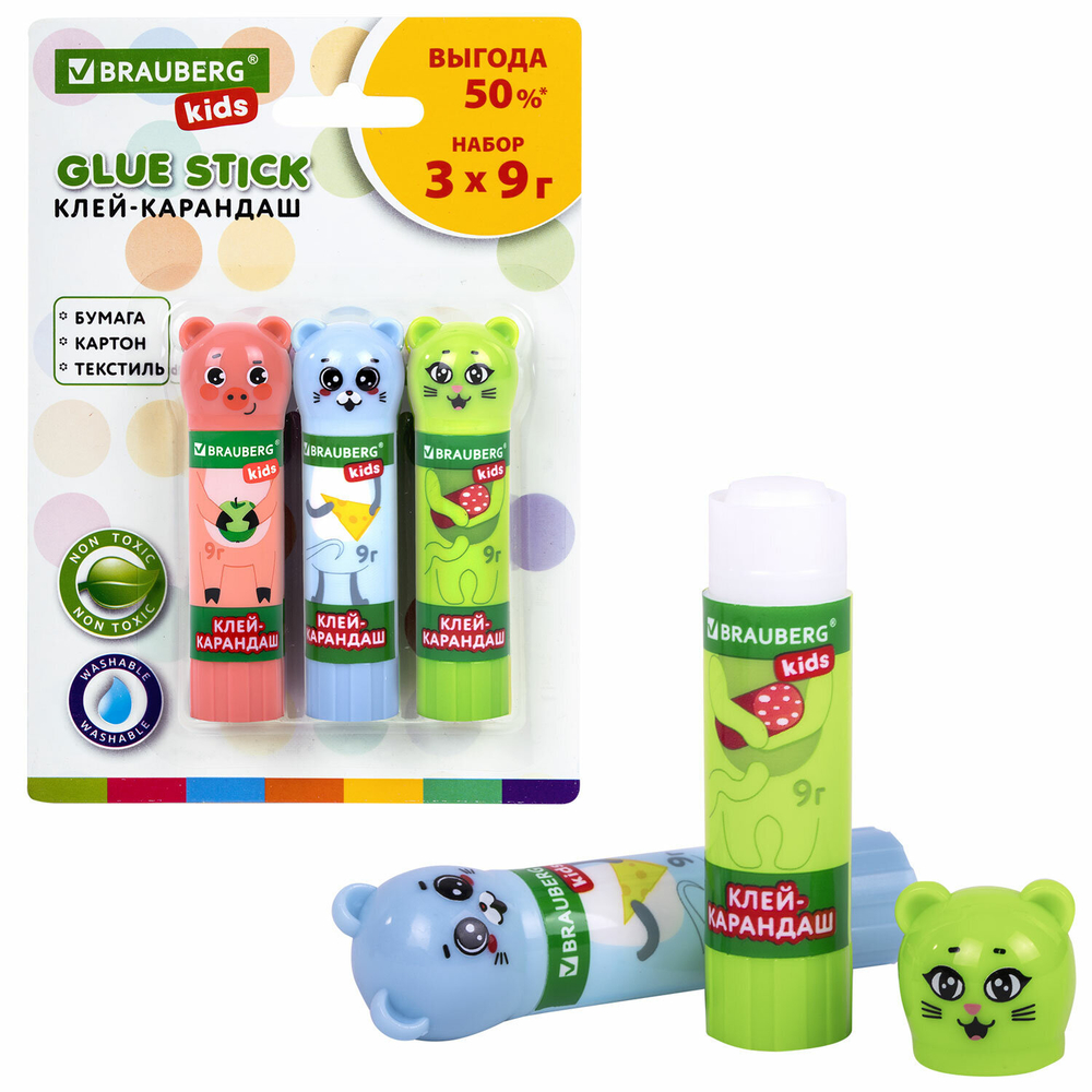 Клей-карандаш «Зверята: кошка, мышка, хрюшка», 9 г, фигурный колпачок, 3 шт./блистер, BRAUBERG KIDS.
