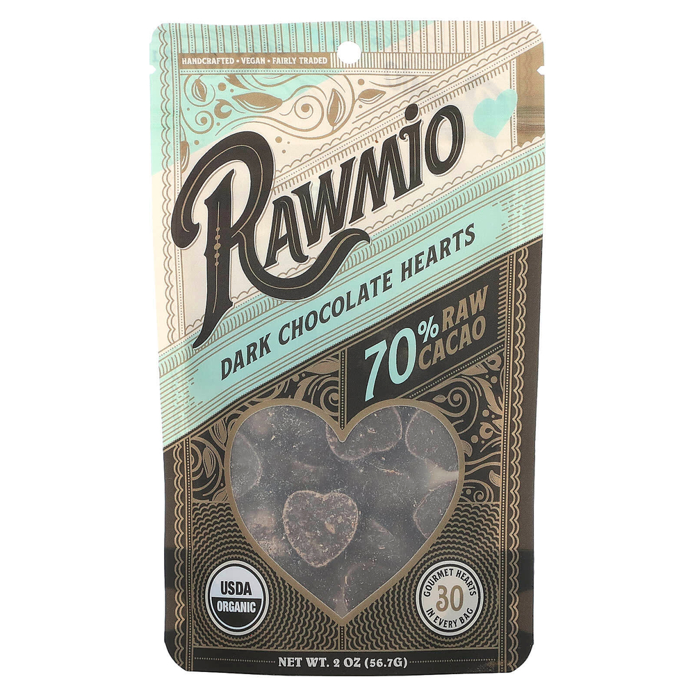 Rawmio, Сердечки из темного шоколада, 70% сырого какао, 56,7 г (2 унции)
