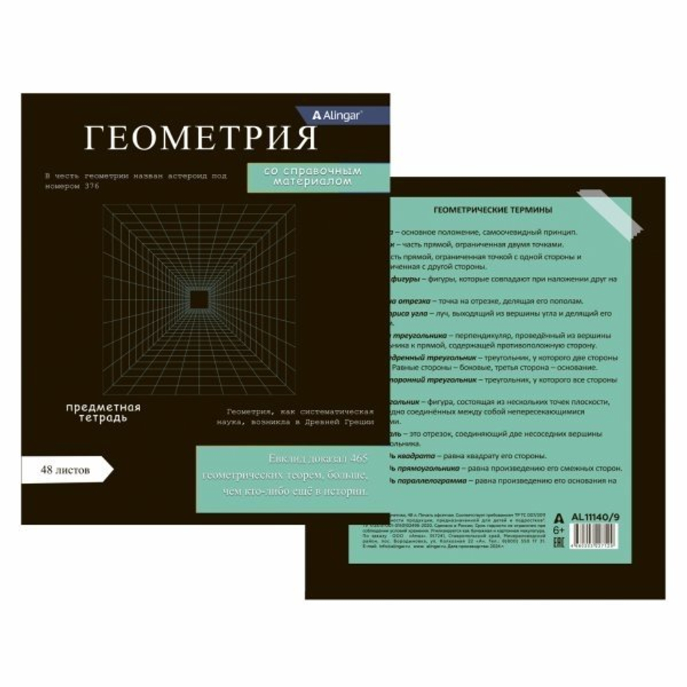 Тетрадь предметная "Геометрия" А5 48л., клетка, со справочным материалом, скрепка, мелованный картон(стандарт), блок офсет, Alingar Journal"