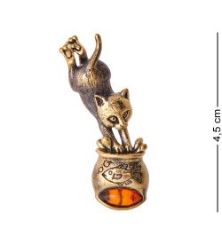 AM-3466 Брошь «Котенок на рыбалке» (латунь, янтарь)
