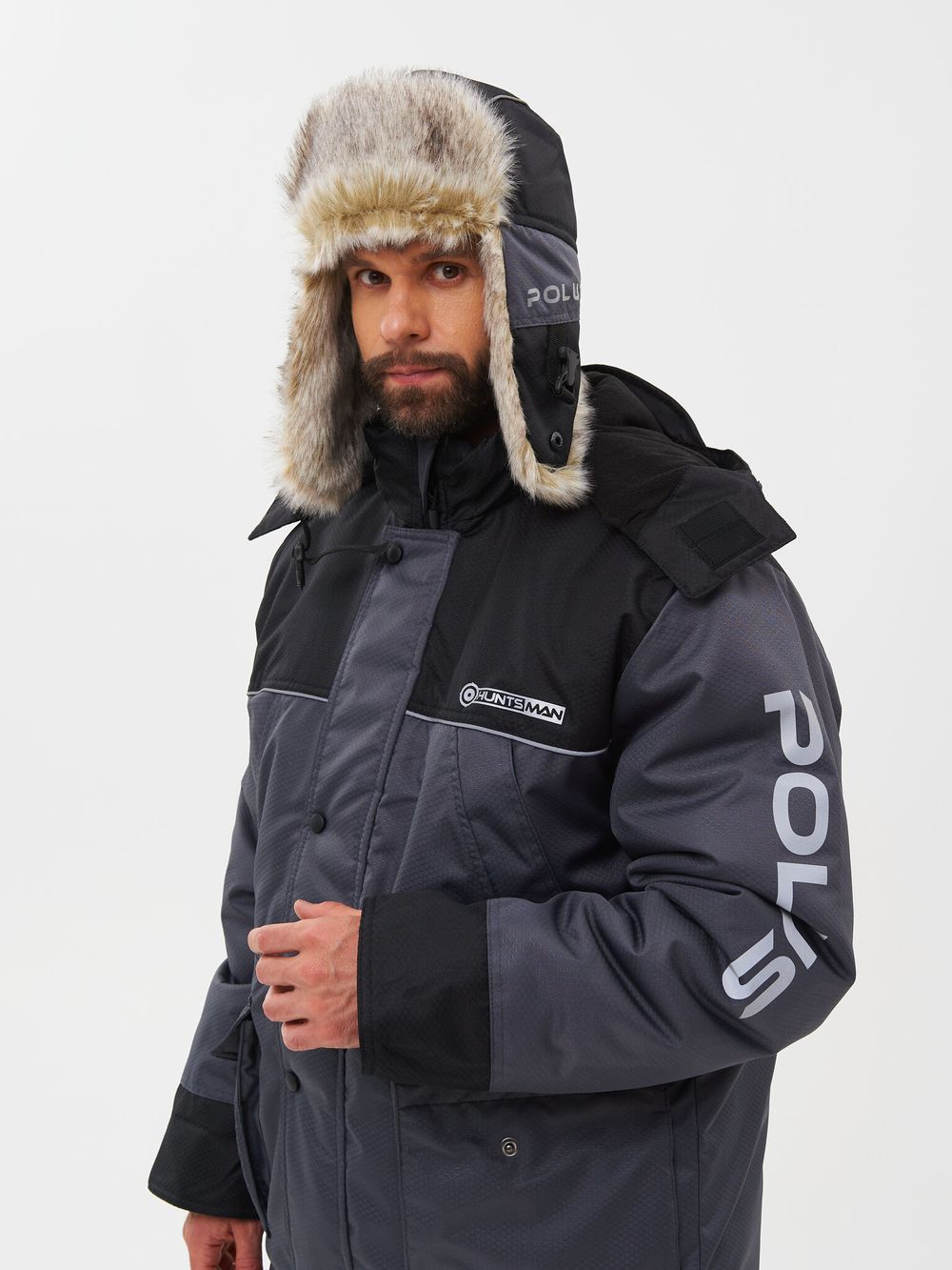 Шапка ушанка зимняя Полюс ткань Cell цвет Серый/Черный