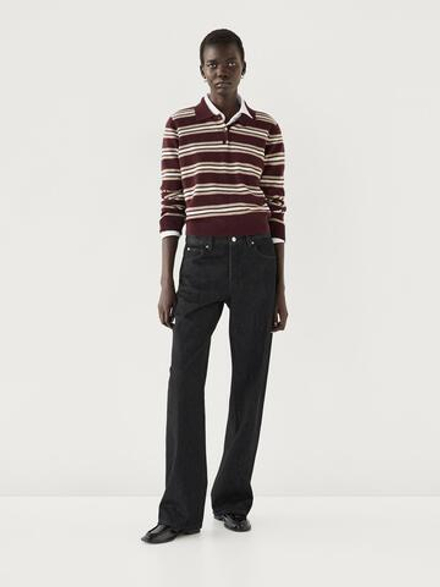 Massimo Dutti Свитер поло из 100% кашемира в полоску, цвет бургундского вина