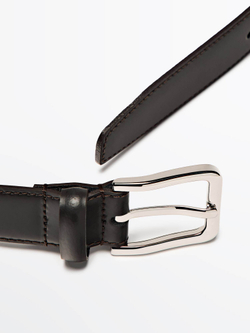 Massimo Dutti Кожаный ремень с декоративной строчкой, коричневый