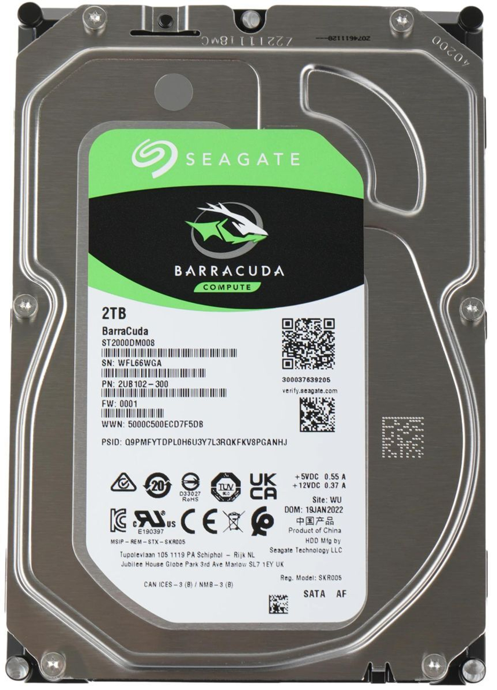 Внутренний HDD 3.5" Seagate Barracuda ST2000DM008, 2Тб, SATA3, Bulk, Чтение:180мб/с, Запись:180мб/с, 7200об/мин, Буфер:256Мб