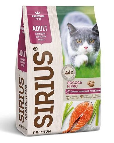 Полнорационный сухой корм SIRIUS PREMIUM для взрослых кошек с лососем и рисом, пакет 400 г