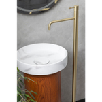 Раковина накладная Boheme Sole Corian 400*130 Calacatta с пьедесталом Corian 300*720 Red Wood