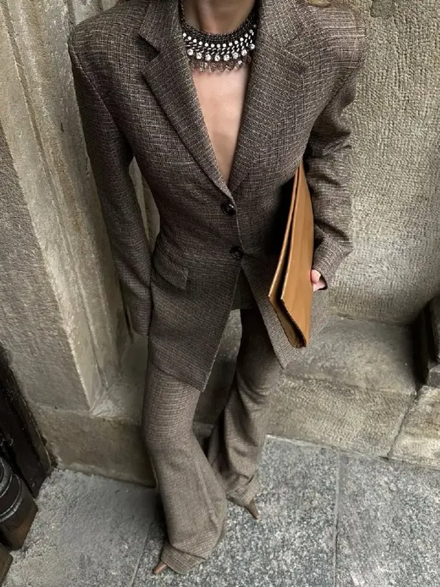 Жакет приталенный в клетку, Кофейный