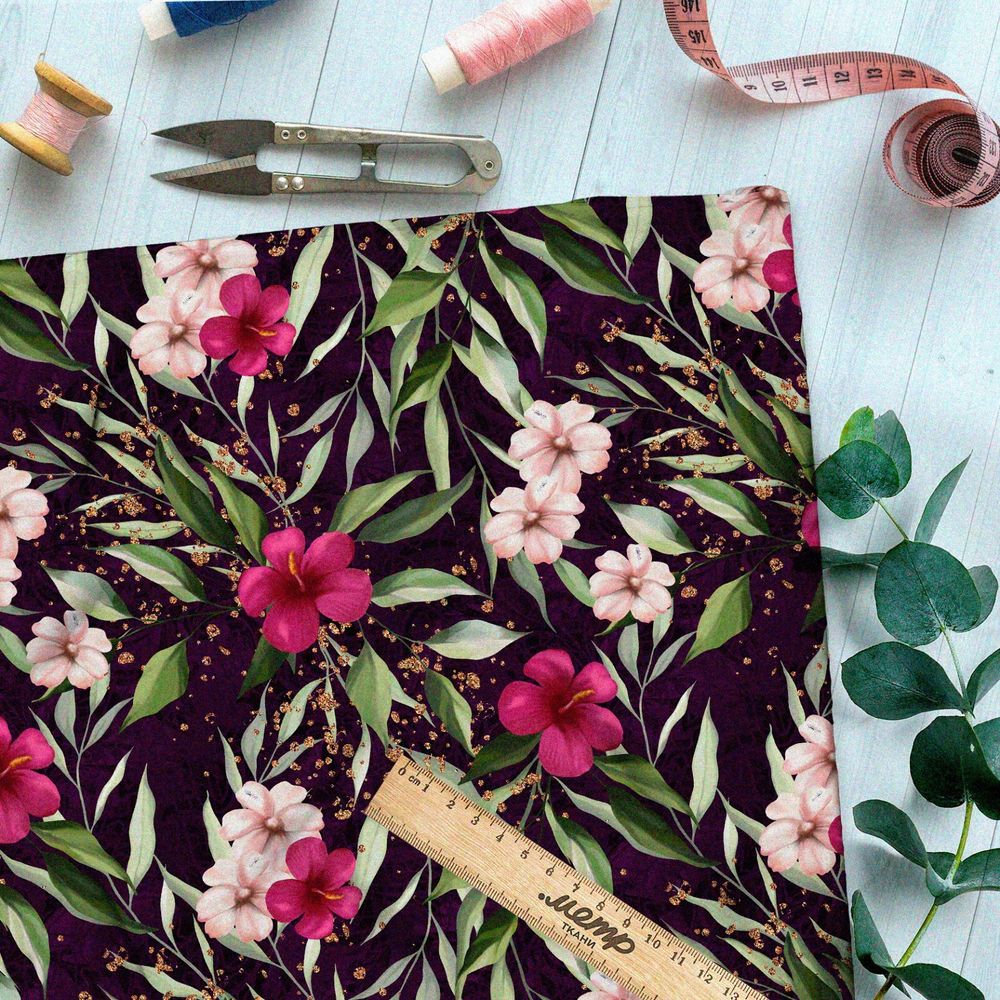 Ткань шелк Армани яркие цветы и золотые блёстки