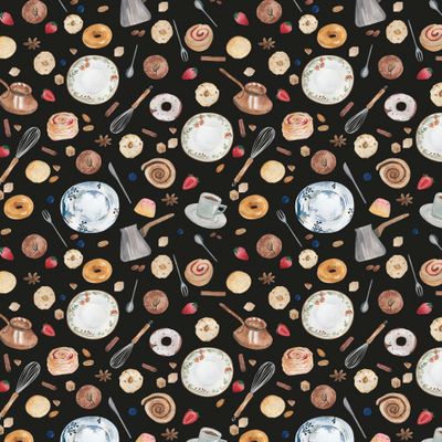 Акварельный паттерн с кофе и выпечкой