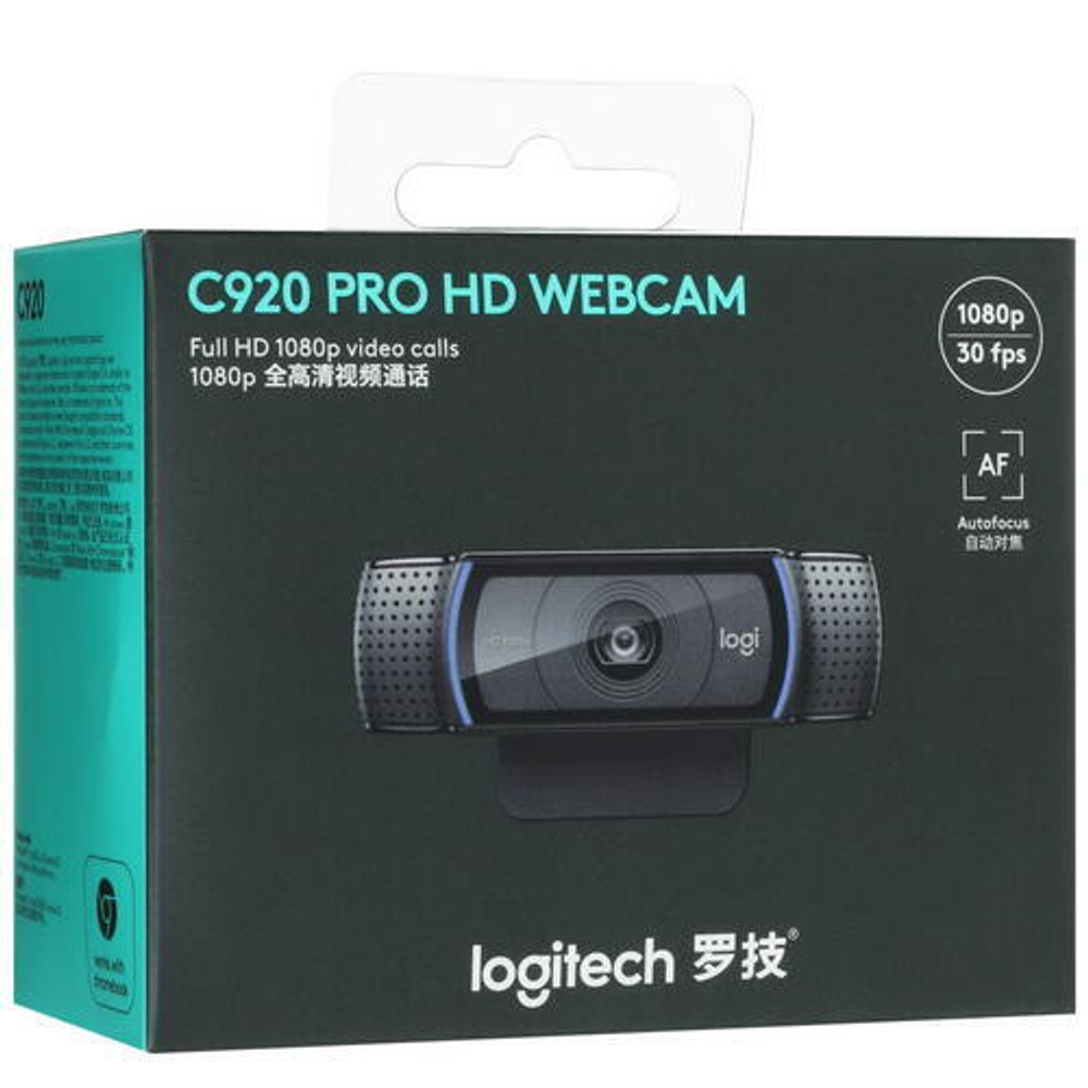 Веб-камера Logitech HD Pro C920, 2Мп, черный, FHD, 2-mic, 30FPS, автофокус, HDR, USB 1.5м (960-000998)