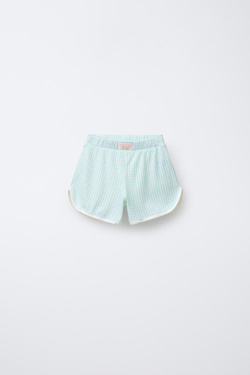 ZARA ПИЖАМА В КЛЕТКУ ВИШИ С ЦВЕТОЧНЫМ ПРИНТОМ И ШОРТАМИ-БЕРМУДАМИ, ЭКРЮ