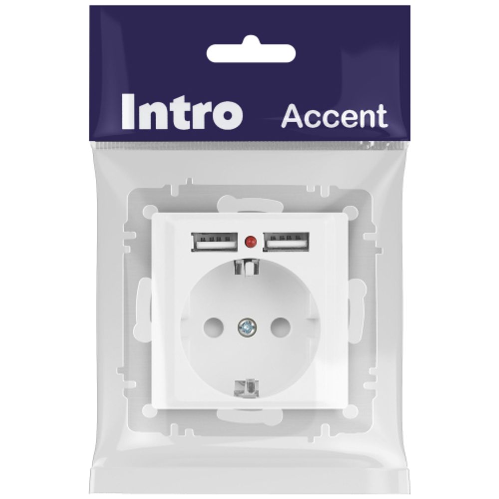 Розетка Intro Accent 6-410-01М с заземлением 2P+E Schuko со шторками 16А-250В + 2хUSB IP20 СУ белый матовый | Intro