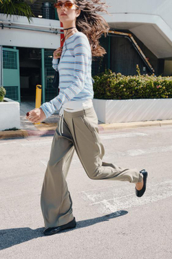 ZARA БРЮКИ С ШИРОКИМИ ШТАНИНАМИ И ДВОЙНЫМ ПОЯСОМ, ХАКИ