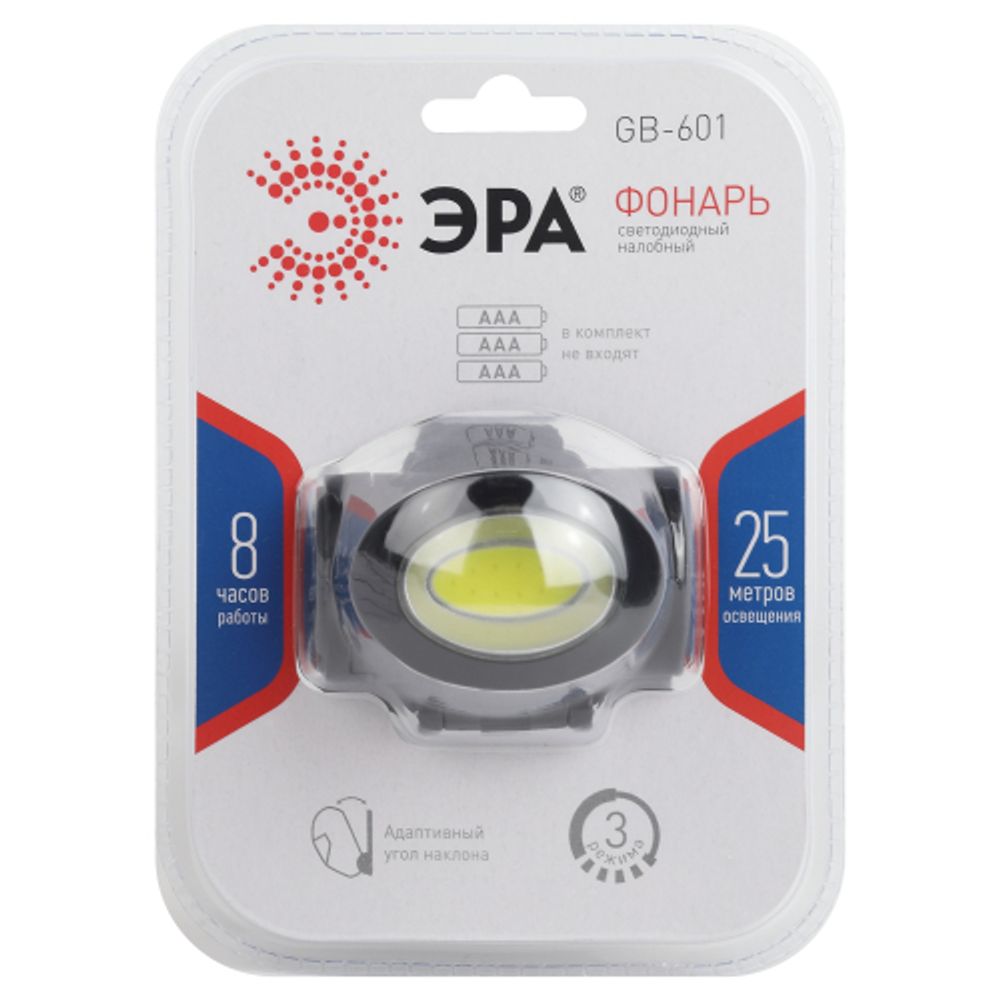 Фонарь налобный светодиодный ЭРА GB-601 на батарейках мощный яркий 3 режима черный | Налобные фонари