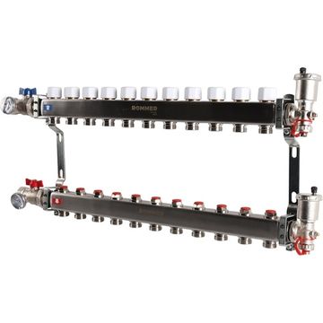 Коллектор Rommer 1"x3/4" на 11 контуров с запорными клапанами в сборе (нерж. сталь) RMS-3210-000011