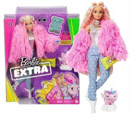 Кукла Mattel Barbie Extra - Экстра в розовой пушистой шубке со свинкой-единорогом - Барби GRN28