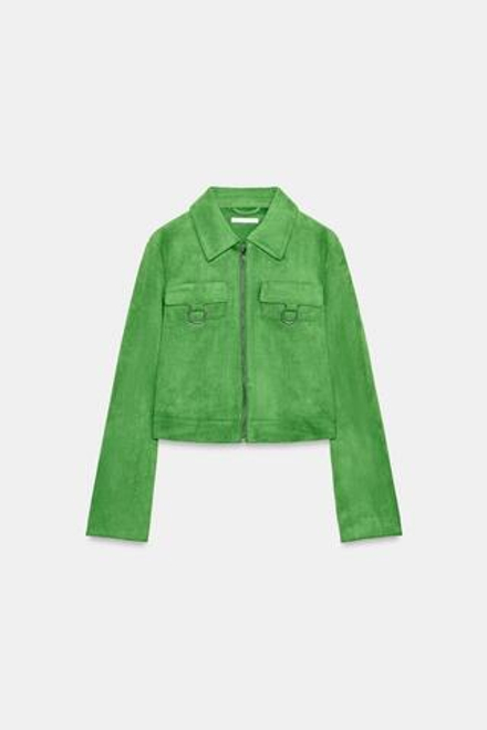 ZARA УКОРОЧЕННАЯ КУРТКА ИЗ ИСКУССТВЕННОЙ ЗАМШИ, ЯБЛОЧНО-ЗЕЛЕНЫЙ
