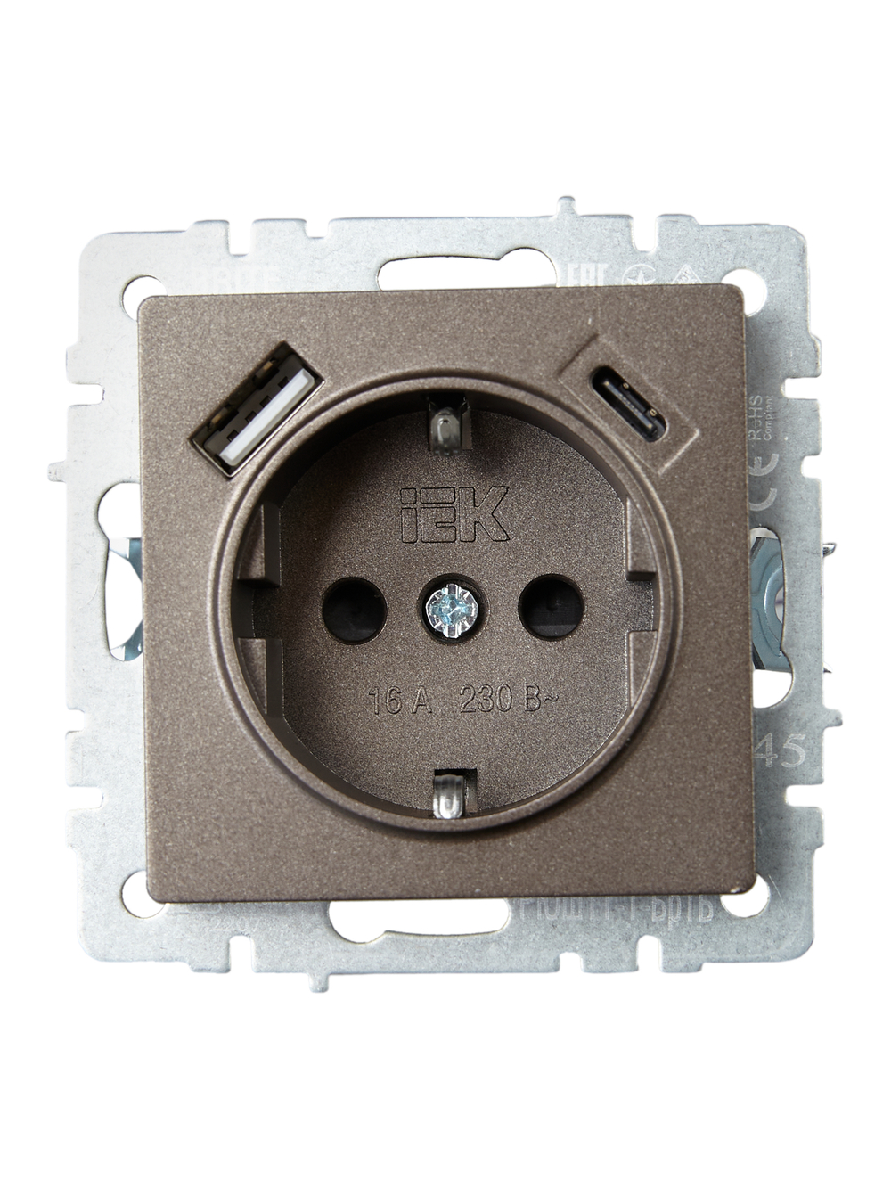 BRITE Розетка 1-местная с заземлением с защитными шторками 16А с USB A+C 18Вт РЮш11-1-БрТБ темная бронза IEK