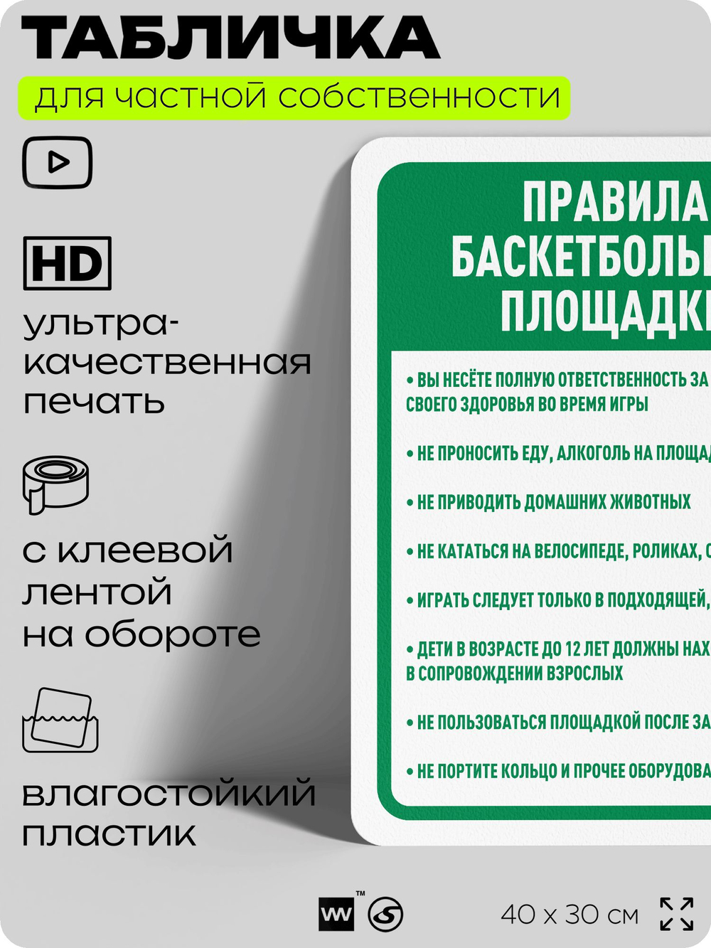 Табличка для частной территории "Правила баскетбольной площадки", на дом, для участка, организаций и частных территорий, предупреждающая, 40х30 см, Silver Plane x Айдентика Технолоджи