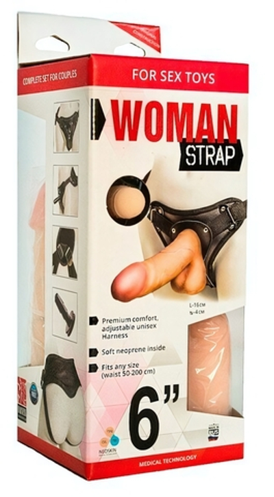 Двойной страпон для женщин, с насадкой 6 дюймов (Цвет: телесный с черным)