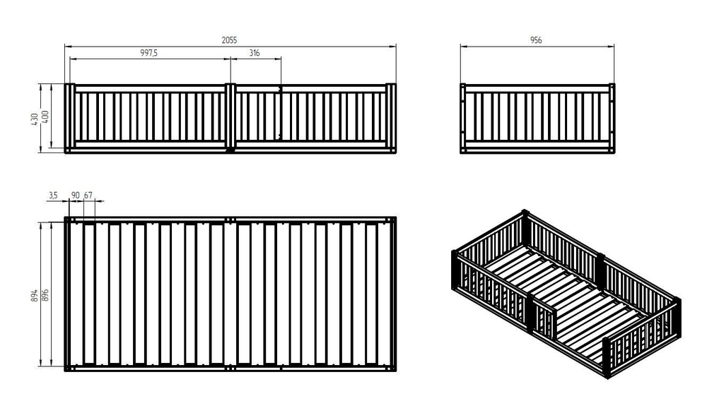 Кровать 90х200 Афина, напольная, с бортиками, из массива дерева