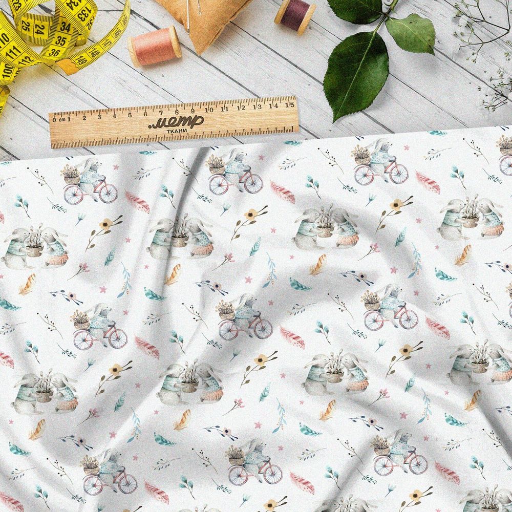 Ткань кулирная гладь зайки на велосипеде