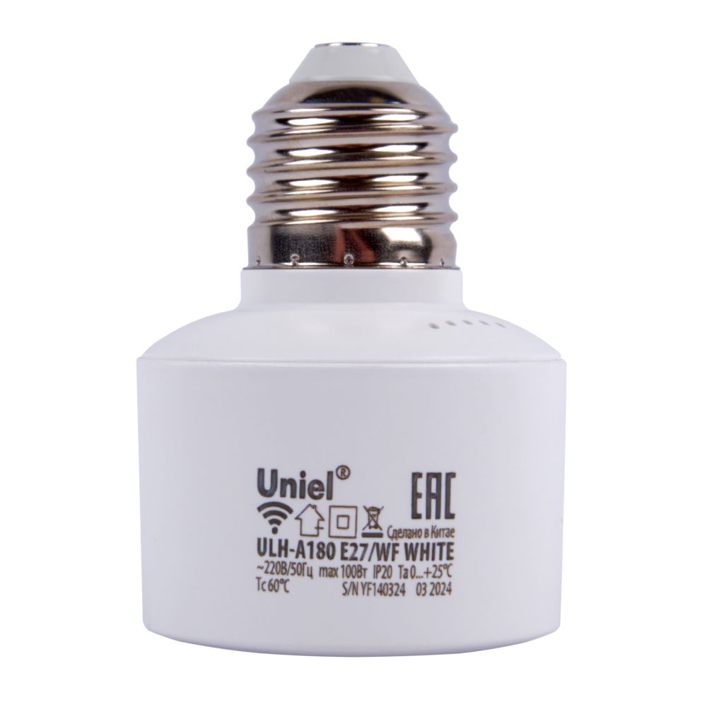 ULH-A180 E27-WF WHITE Умный патрон-адаптер Wi-Fi+Bluetooth. под лампу Е27. 220В. 100Вт. Белый. Голосовое управление+приложение UnielSmart. TM Uniel