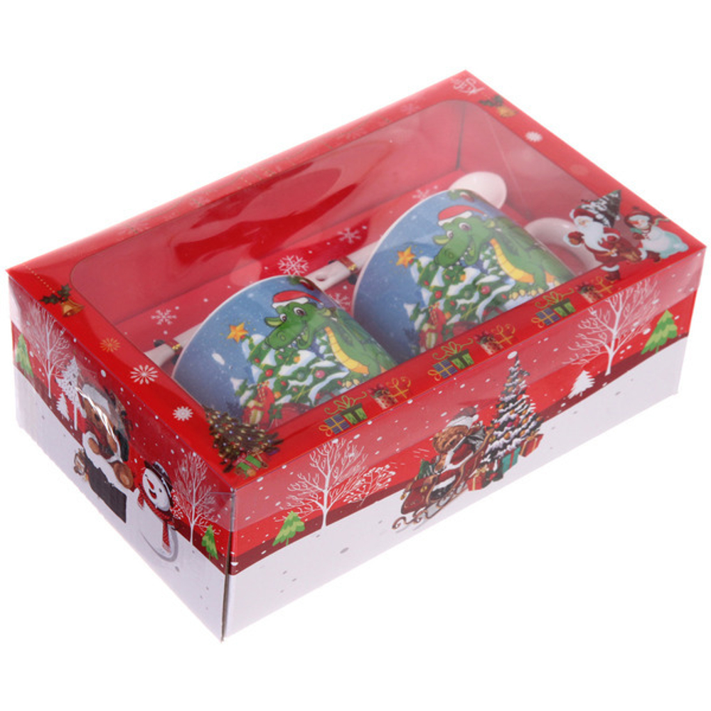 Кружка керамическая 200мл в наборе 2шт с ложками «Дракоша»