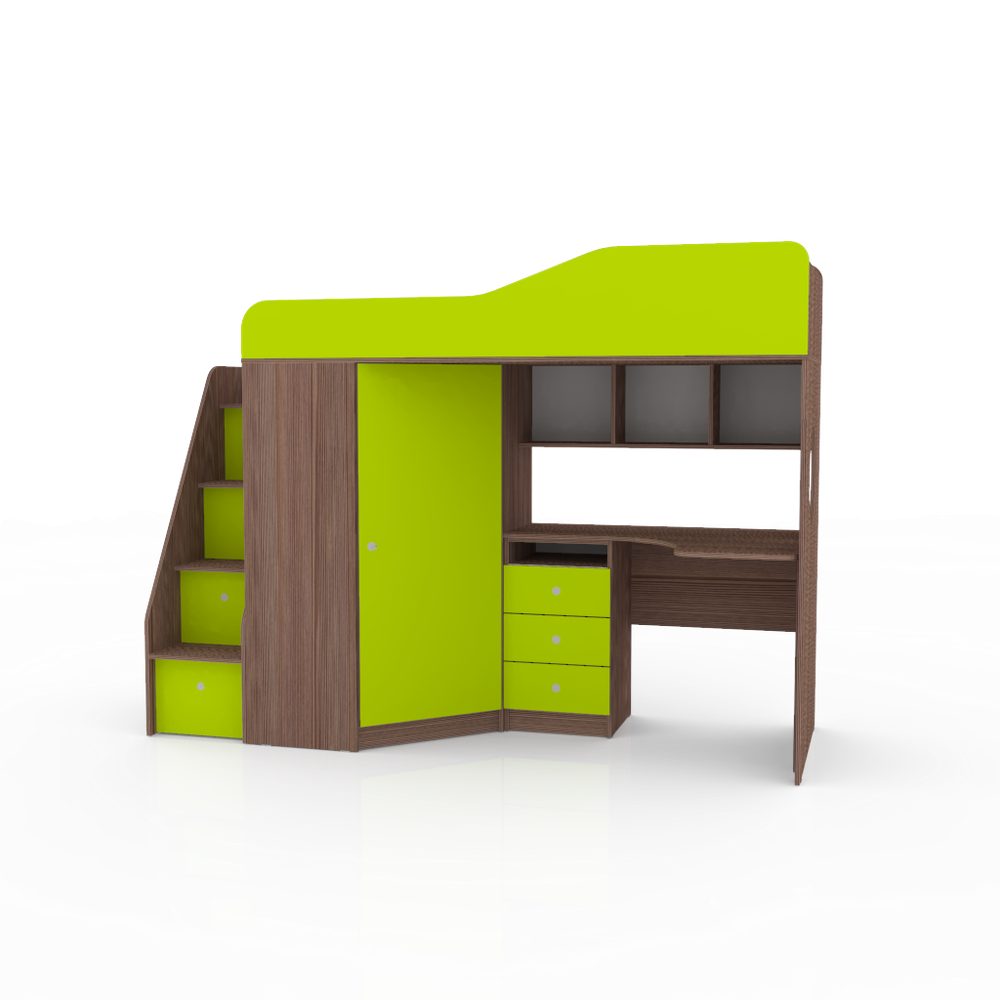 Кровать-чердак КарИВи Кадет 1 с универсальной лестницей Бодего Темный Лайм