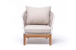 "Диего" кресло плетеное из роупа, основание дуб, каркас алюминий светло-серый (RAL7035) муар, роуп бежевый круглый, ткань бежевая 052