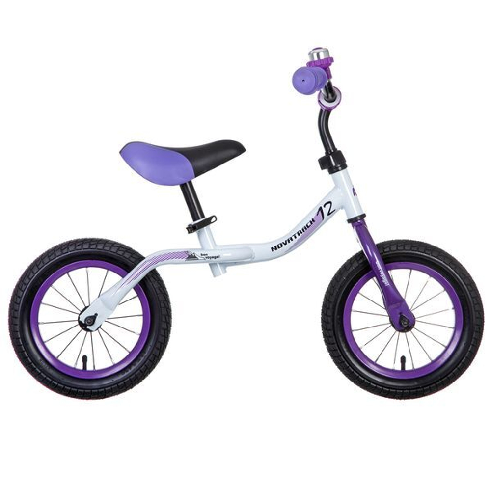 Беговел 12" Novatrack Bonvoyage белый, цветной спицованный обод, камера, покрышка