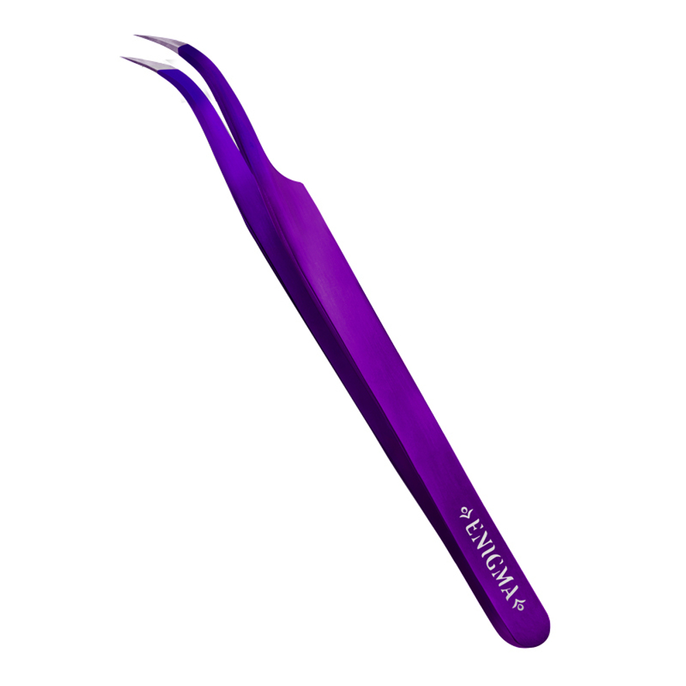 Пинцет изогнутый 90° Enigma (Purple metallic, фиолетовый) с ручной заточкой extra-sharp