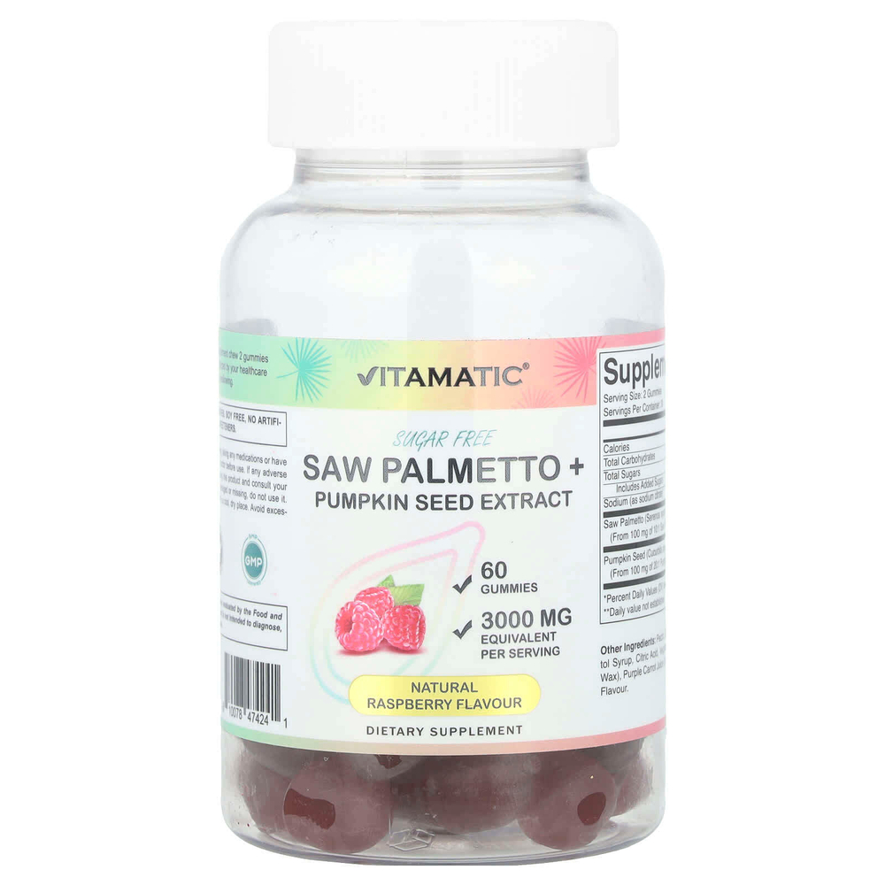 Vitamatic, Saw Palmetto + экстракт тыквенных семечек, натуральная малина, 60 жевательных таблеток