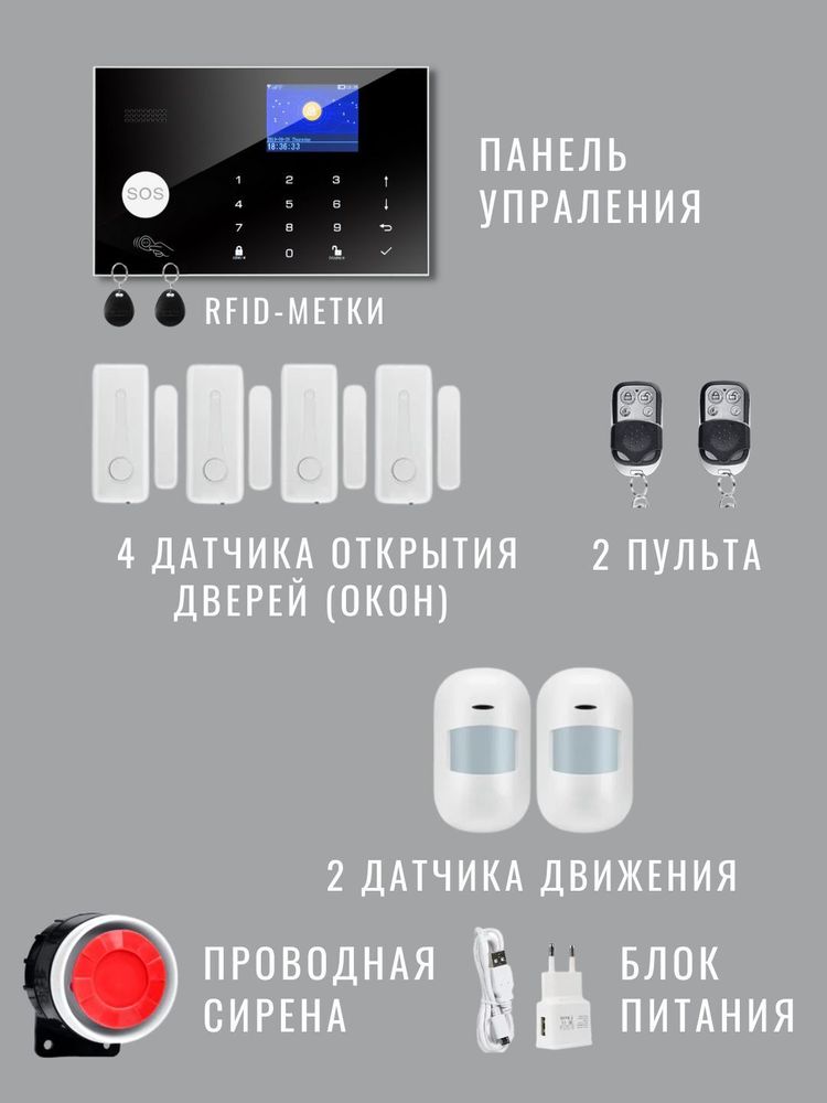 Беспроводная охранная WiFi GSM сигнализация W7b3, 4 датчика открытия дверей (окон) + 2 датчика движения (+интеграция SmartLife)