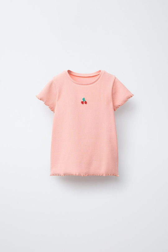 ZARA ФУТБОЛКА В РУБЧИК С ВЫШИВКОЙ, МАНДАРИНОВЫЙ