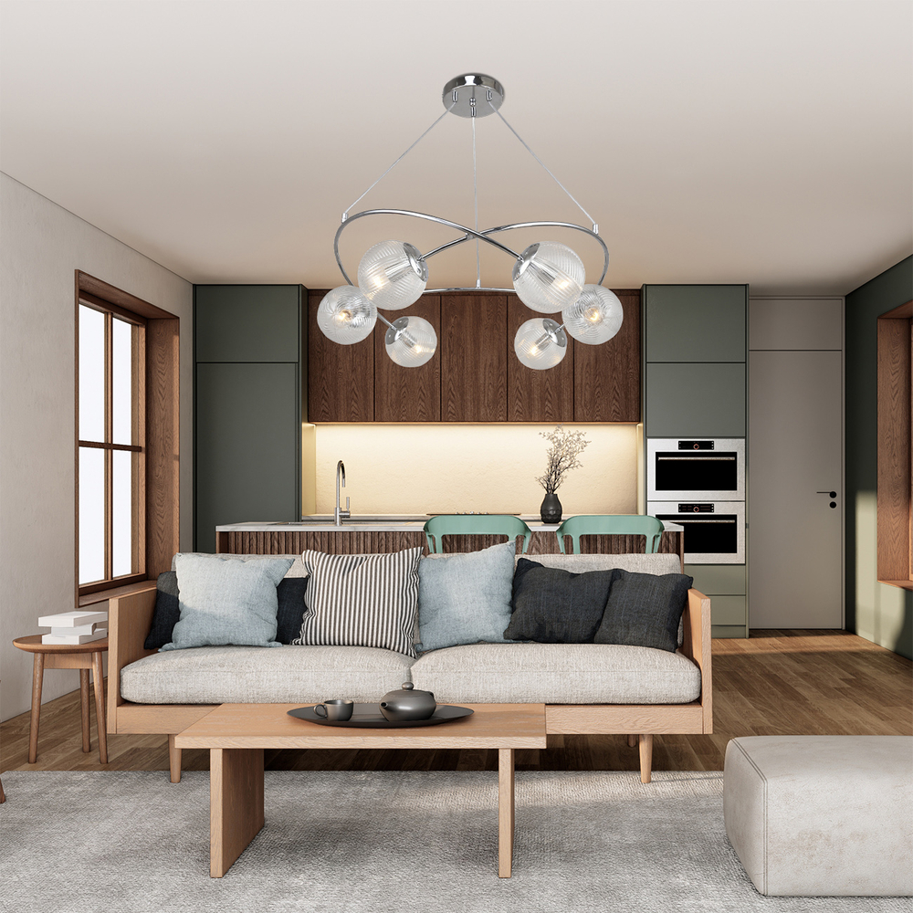 Люстра подвесная 6x40Вт E14, металл/стекло, хром, плафон прозрачный