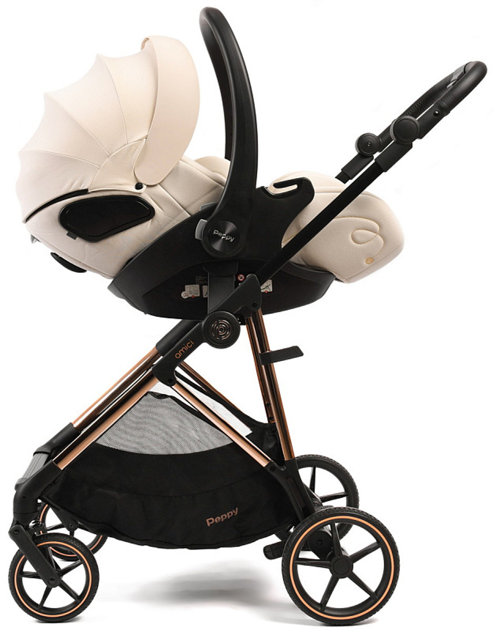 Прогулочная коляска Peppy Amici с автокреслом Verona Beige Green рама Gold