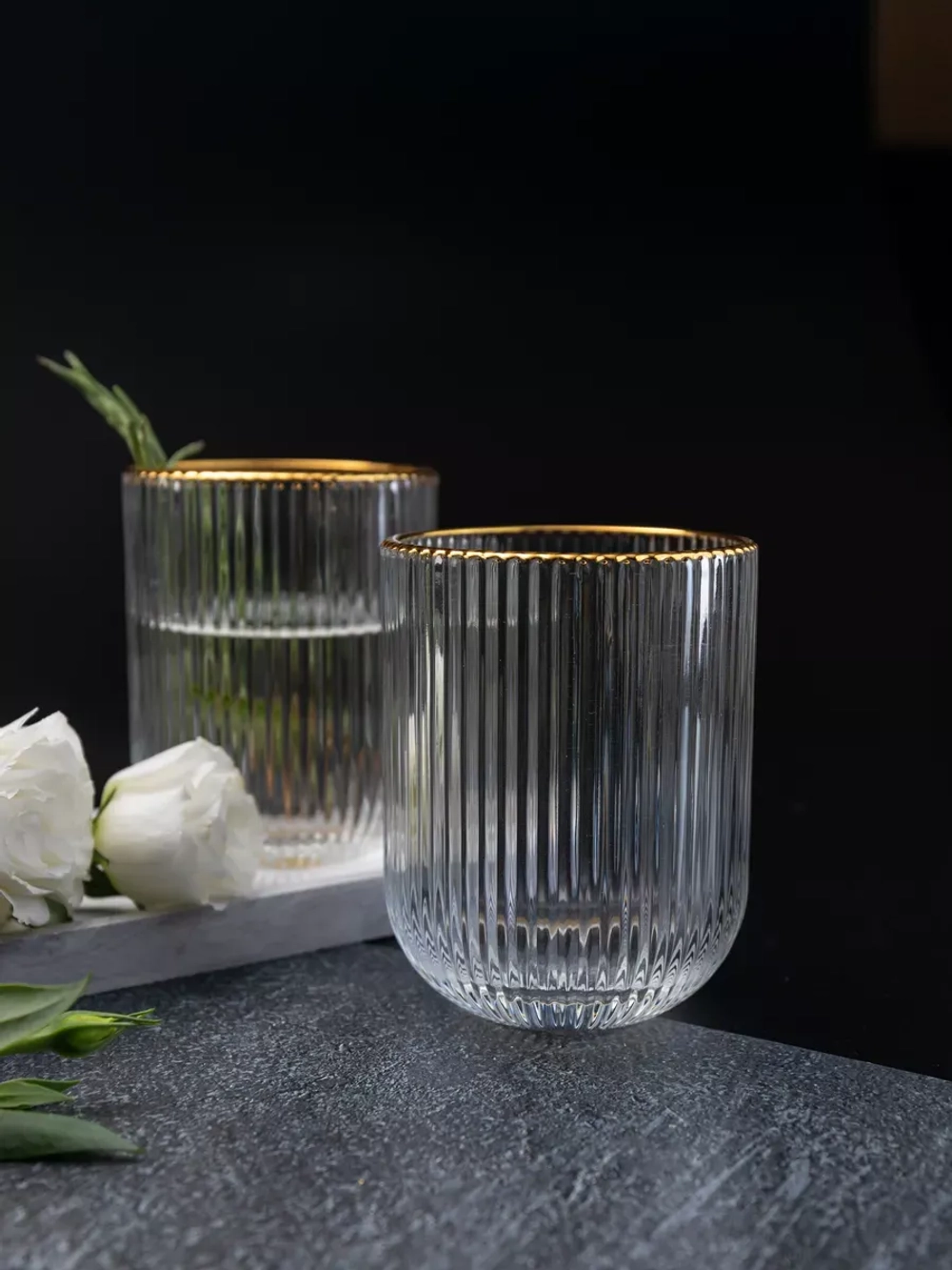 Набор ребристых стаканов для воды, 6 шт. с золотой каймой